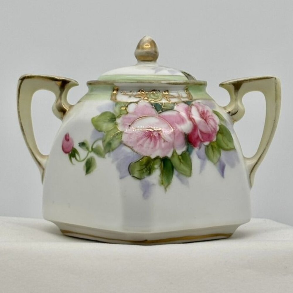 Antique Nippon Hand Painted Double-Handled Small Sugar Bowl With Lid Pink Roses~ - Picture 2 of 14